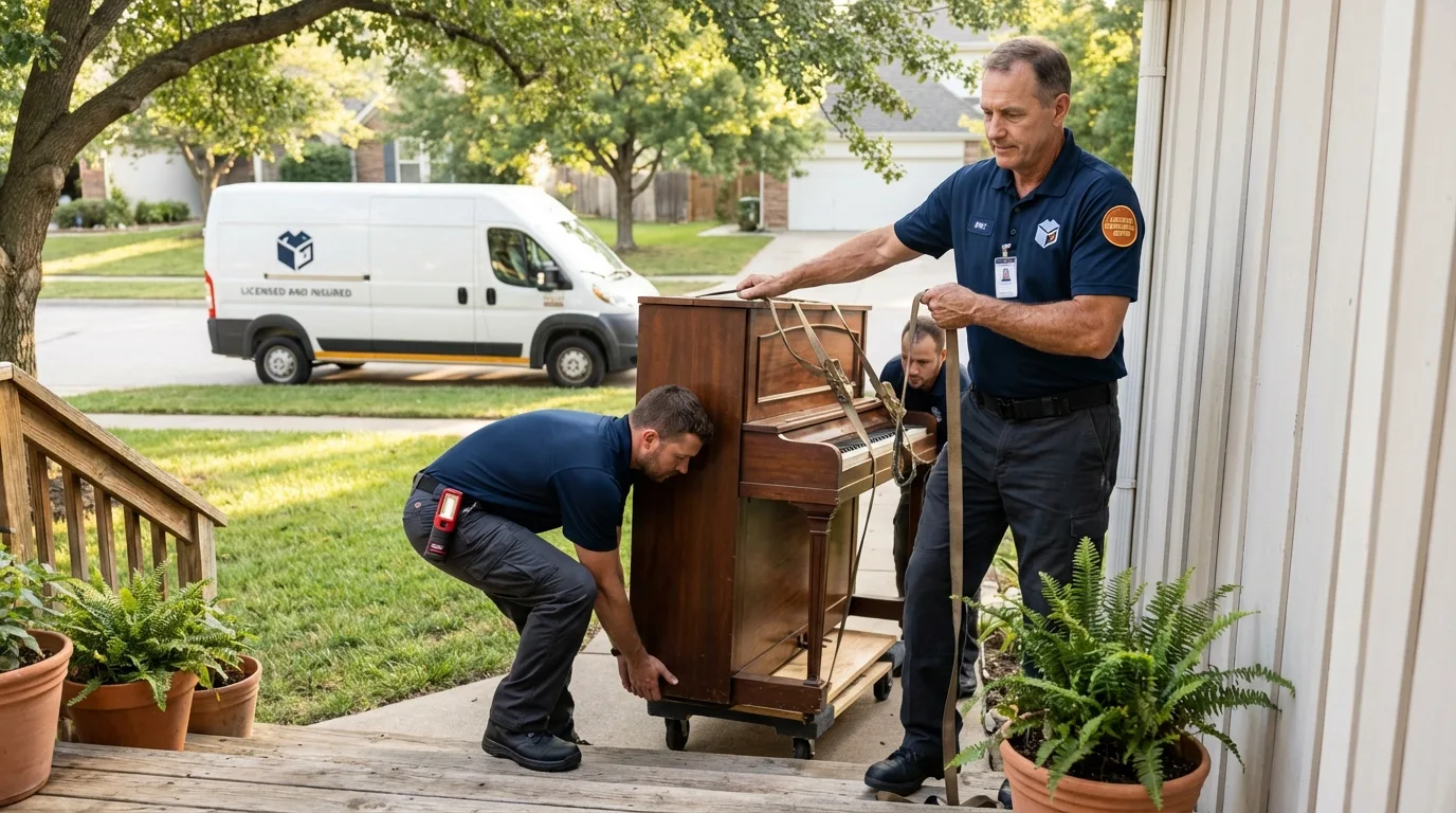 Licensed piano movers securing grand piano in Lawrenceville, GA
