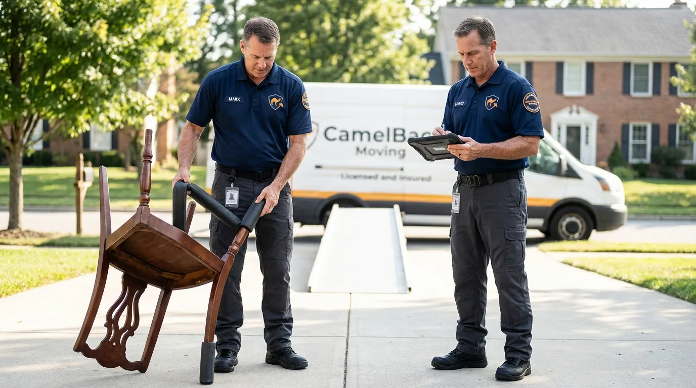 Movers inspecting furniture for damage prevention before loading in Lawrenceville, GA