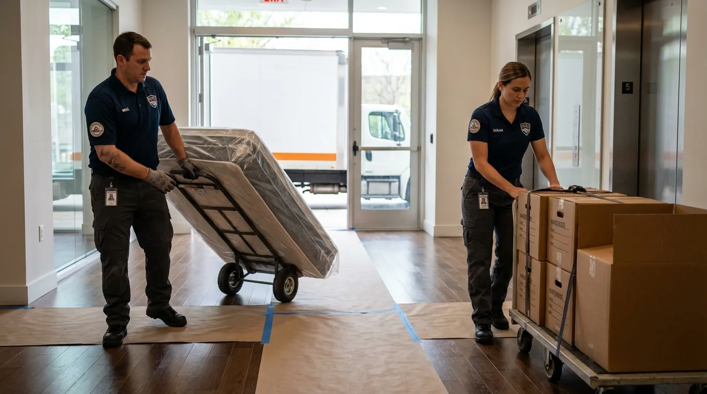 Professional apartment movers loading elevator in Lawrenceville, GA